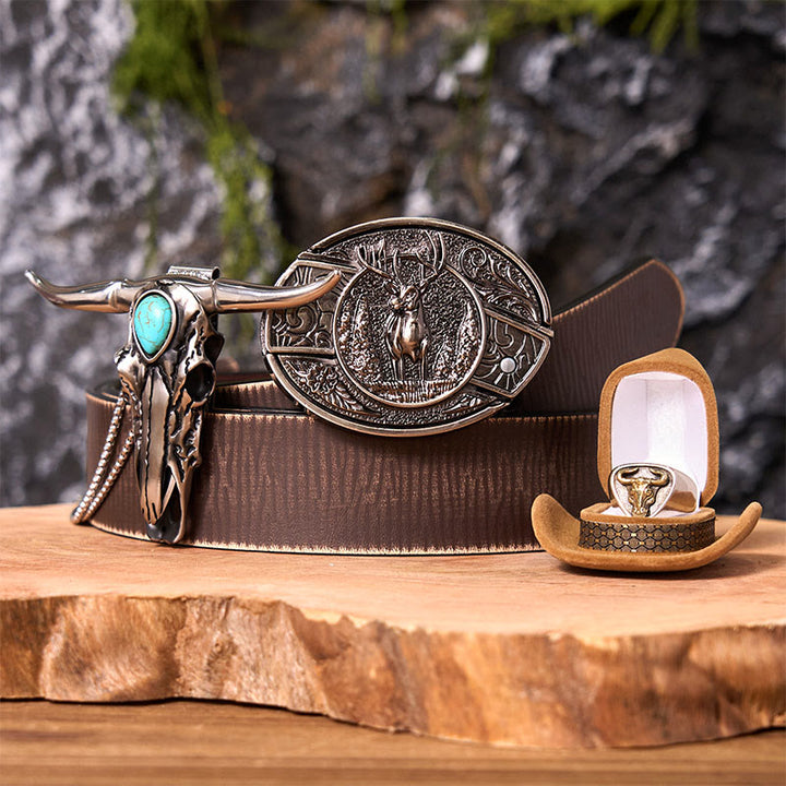 Forest Deer DIY Hidden Knife Belt Buckle With Bull Ring Bundle Set - Forest Deer - Brown Distressed Belt - 42 - image 5