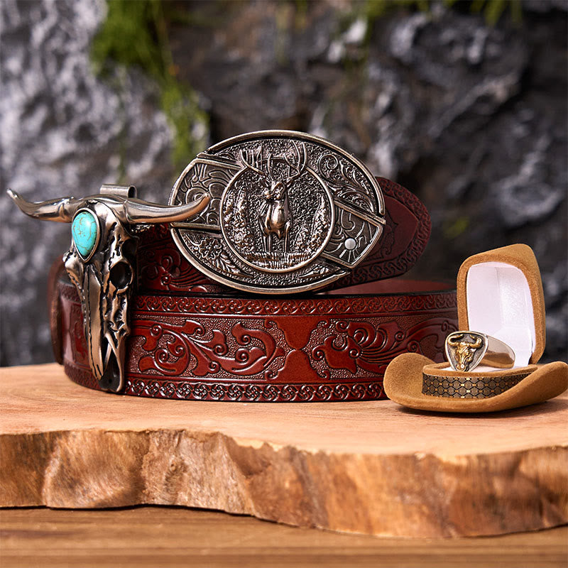 Forest Deer DIY Hidden Knife Belt Buckle With Bull Ring Bundle Set (PRE-SALE) - Forest Deer - Brown Carved Belt - 42 - image 6