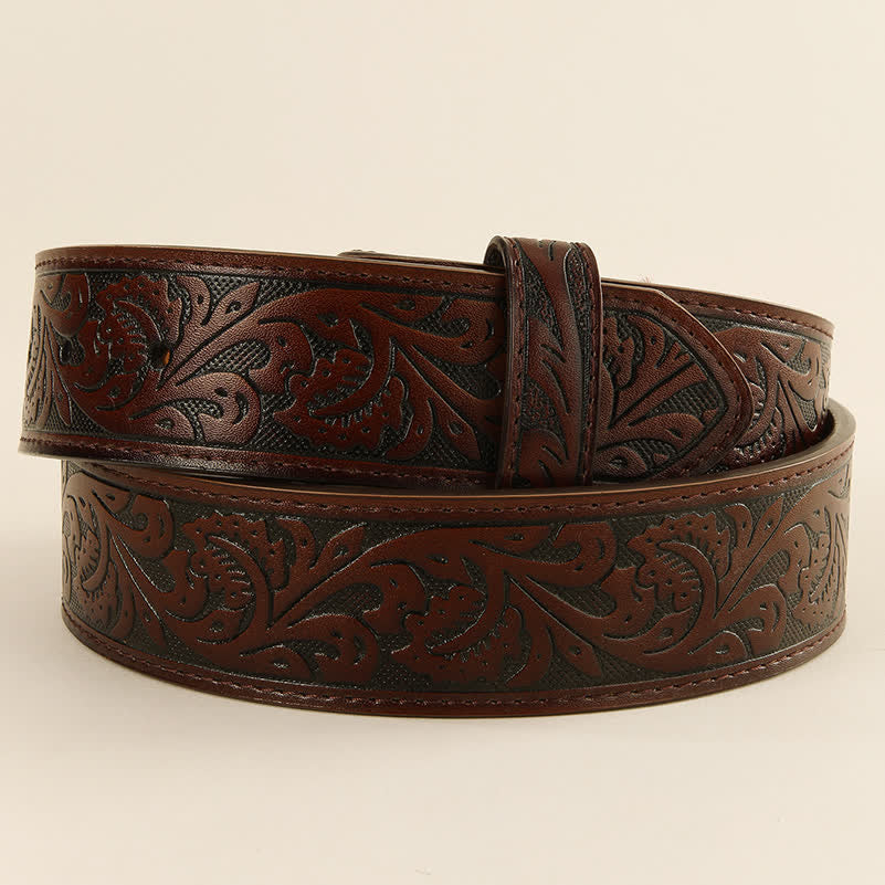 Western Flower Embossed DIY Leather Belt Strap without Belt Buckle - Coffee - 42 - image 5