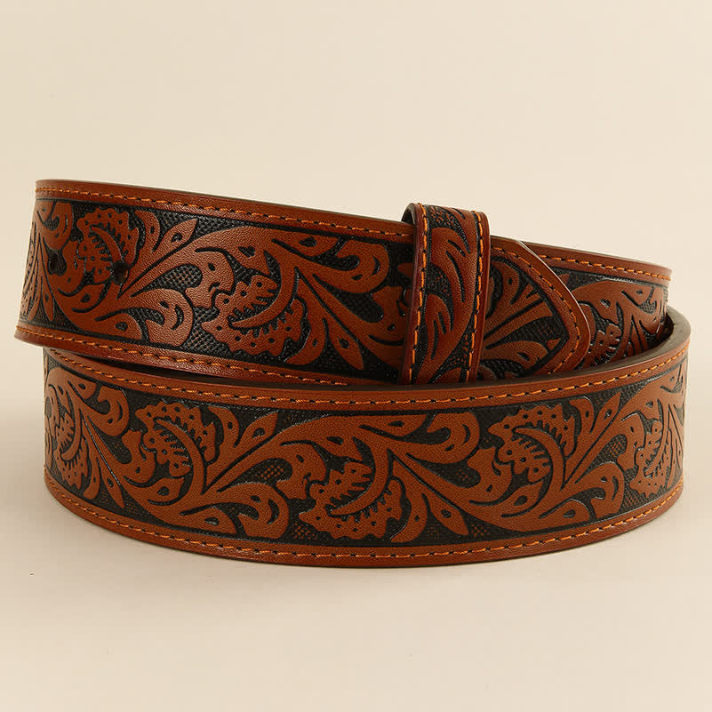 Western Flower Embossed DIY Leather Belt Strap without Belt Buckle - Brown - 38 - image 7