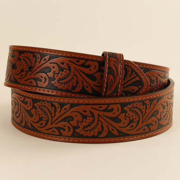 Western Flower Embossed DIY Leather Belt Strap without Belt Buckle - Brown - 38 - image 7