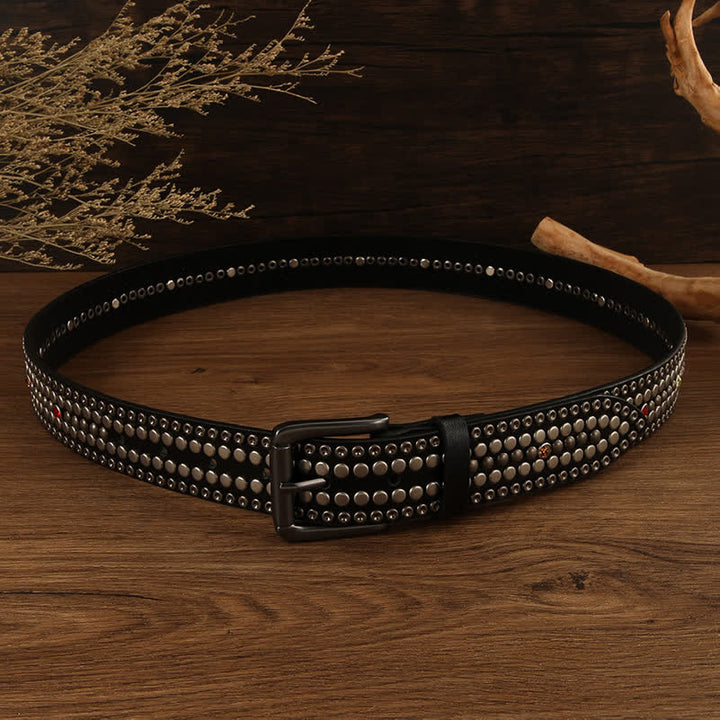 Fashion Crystal Studded Silver Round Rivet Leather Belt