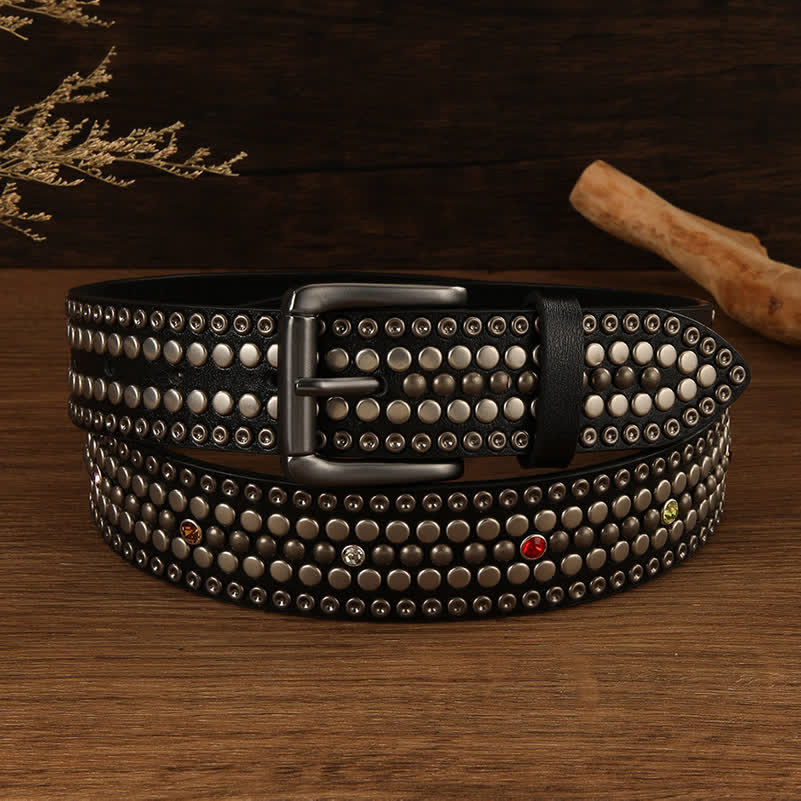 Fashion Crystal Studded Silver Round Rivet Leather Belt