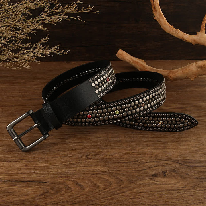 Fashion Crystal Studded Silver Round Rivet Leather Belt