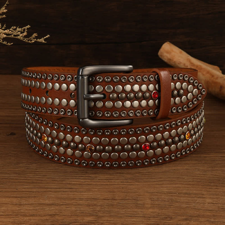 Fashion Crystal Studded Silver Round Rivet Leather Belt