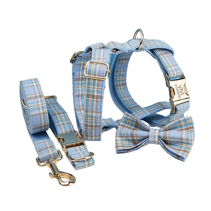Blue Plaid Pet Adjustable Bow Tie Collar Dog Harness Leash Set