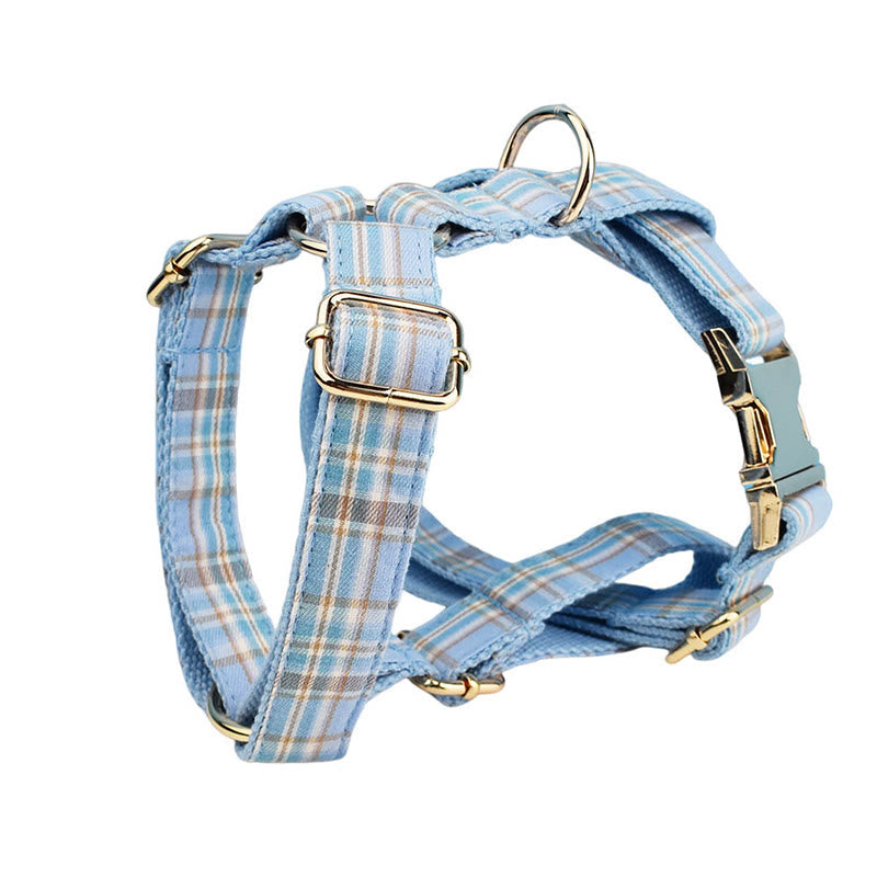 Blue Plaid Pet Adjustable Bow Tie Collar Dog Harness Leash Set