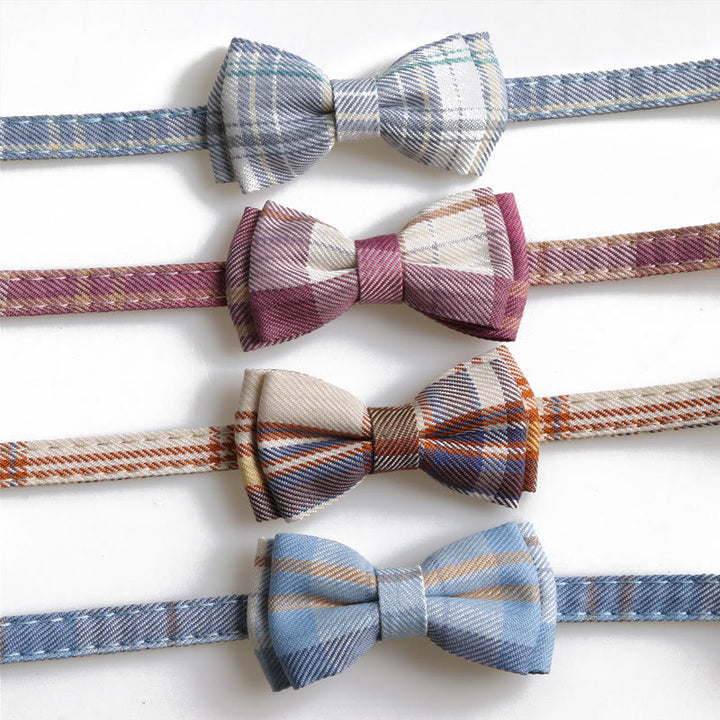 Plaid Adjustable Cat Collar With Bell Pet Bow Tie