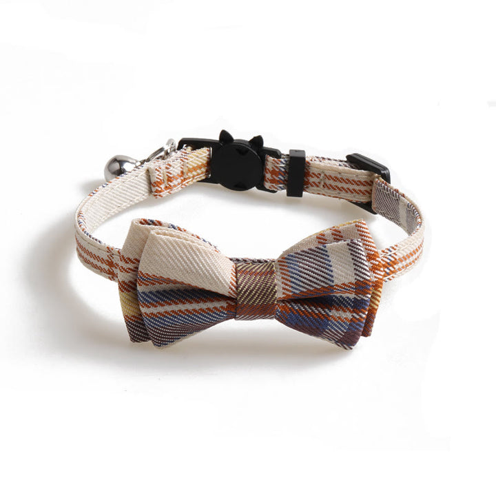 Plaid Adjustable Cat Collar With Bell Pet Bow Tie