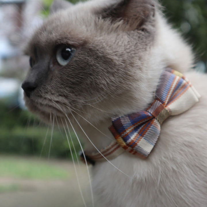 Plaid Adjustable Cat Collar With Bell Pet Bow Tie