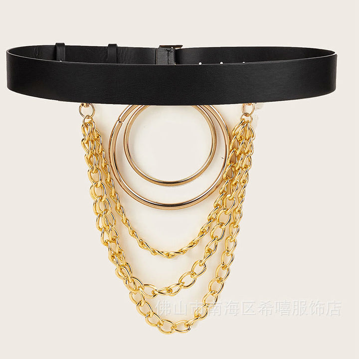 Punk Leather Belt With Round Ring Metal Chain Belt