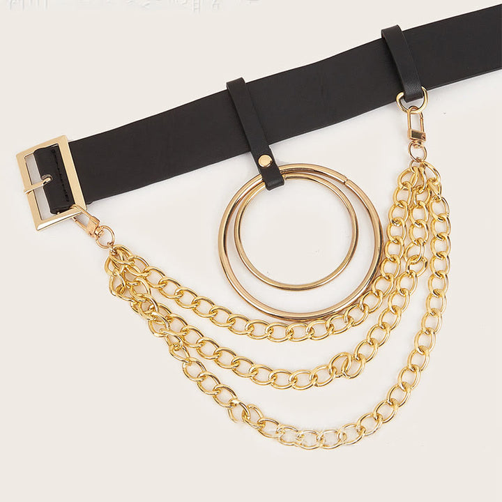Punk Leather Belt With Round Ring Metal Chain Belt