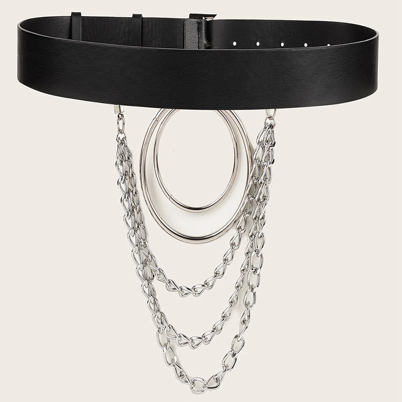 Punk Leather Belt With Round Ring Metal Chain Belt