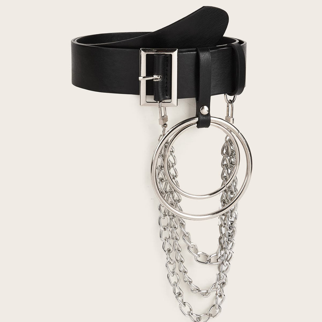 Punk Leather Belt With Round Ring Metal Chain Belt