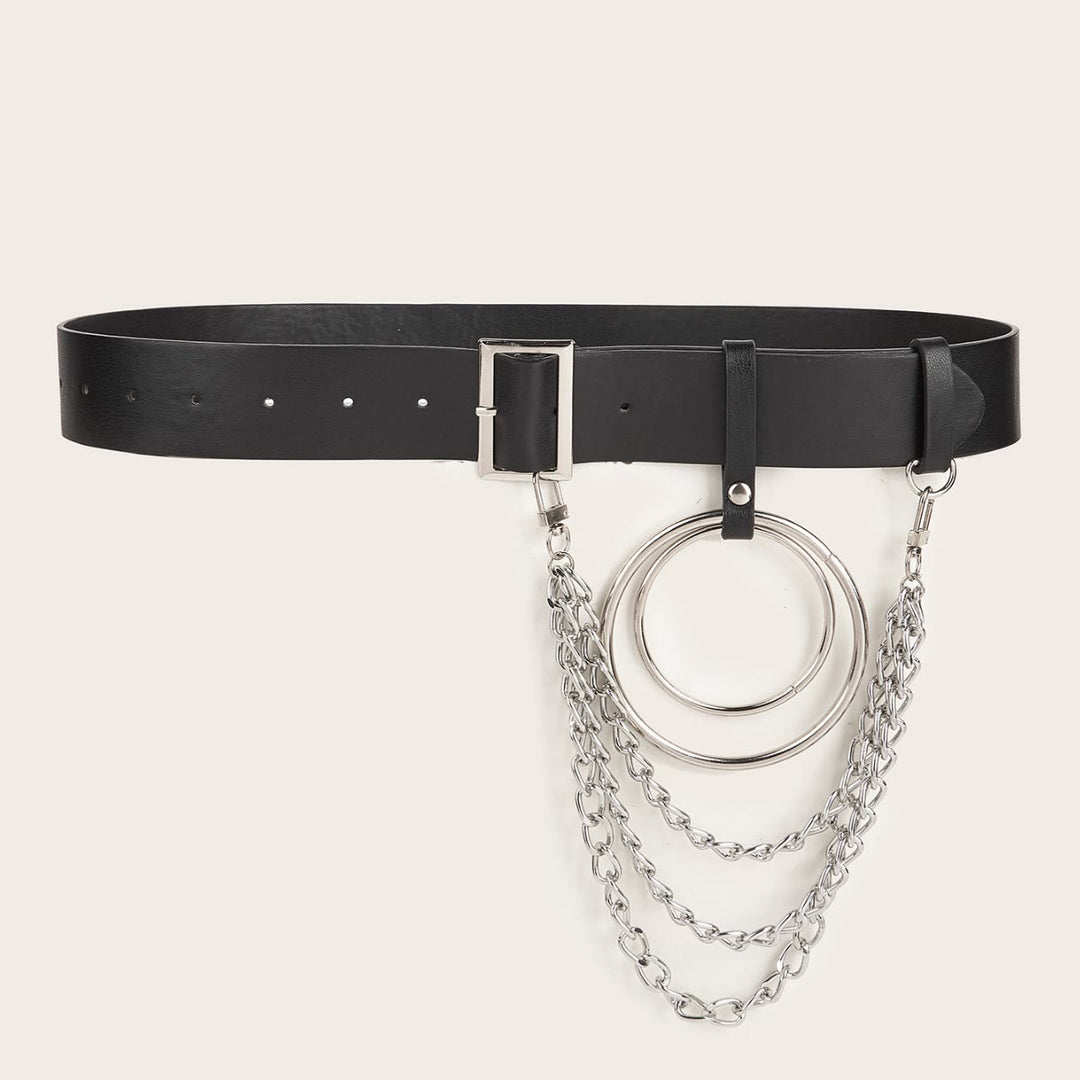 Punk Leather Belt With Round Ring Metal Chain Belt