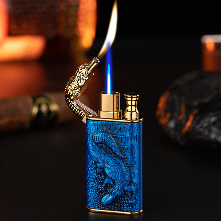 Double Flame Embossed Alligator Head Refillable Butane Lighter