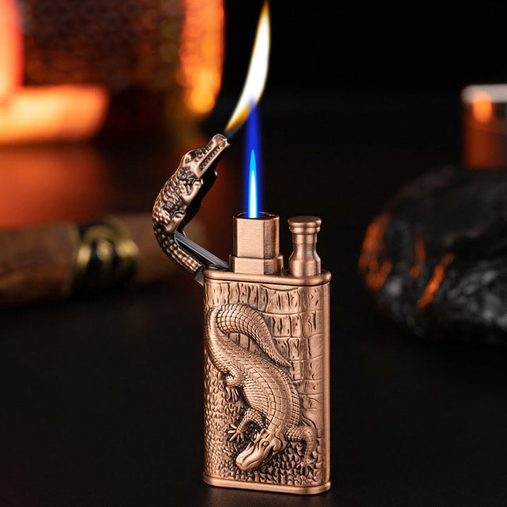 Double Flame Embossed Alligator Head Refillable Butane Lighter