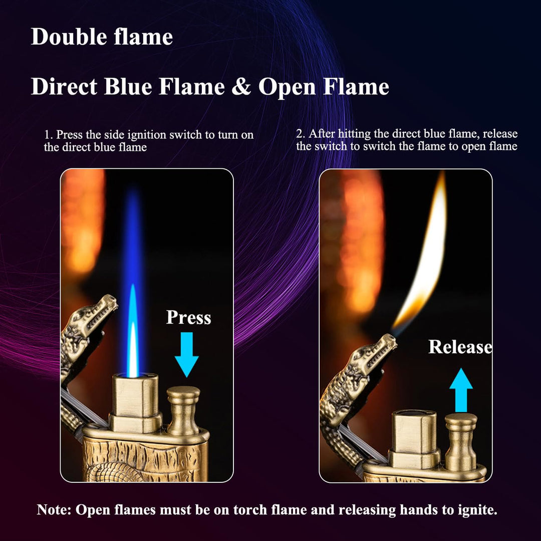 Double Flame Embossed Alligator Head Refillable Butane Lighter