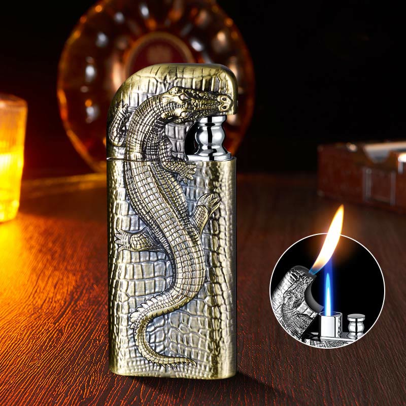 Double Flame Embossed Wild Crocodile Refillable Butane Lighter