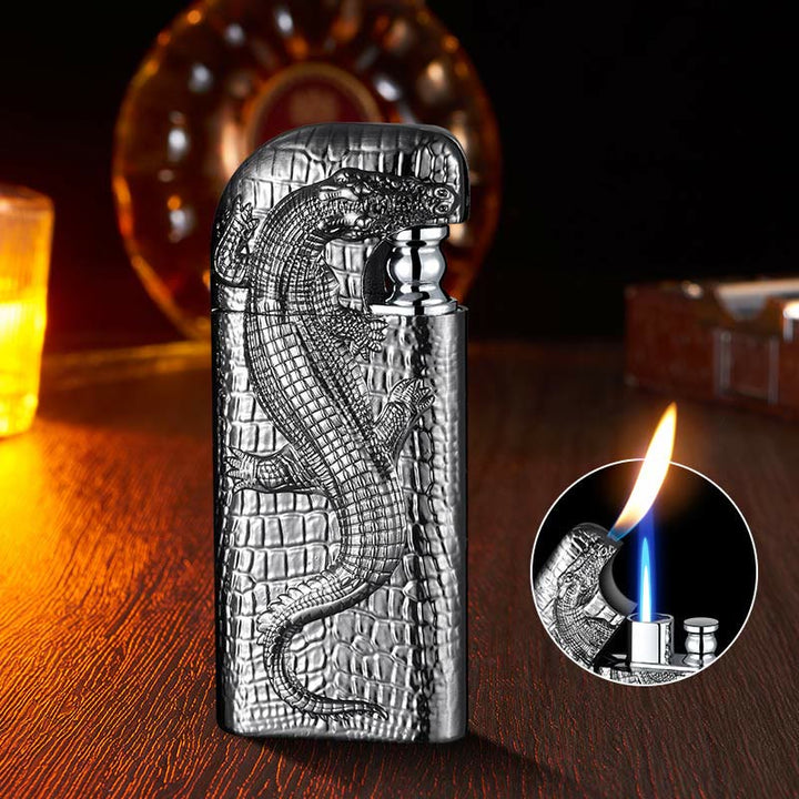 Double Flame Embossed Wild Crocodile Refillable Butane Lighter