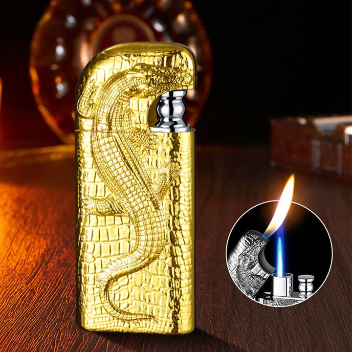 Double Flame Embossed Wild Crocodile Refillable Butane Lighter