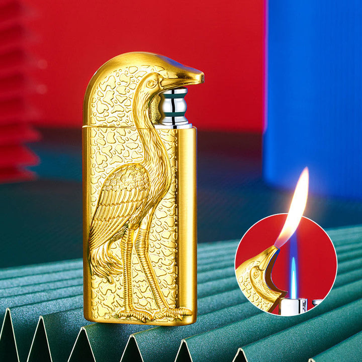 Double Flame Embossed Grus Japonensis Refillable Butane Lighter