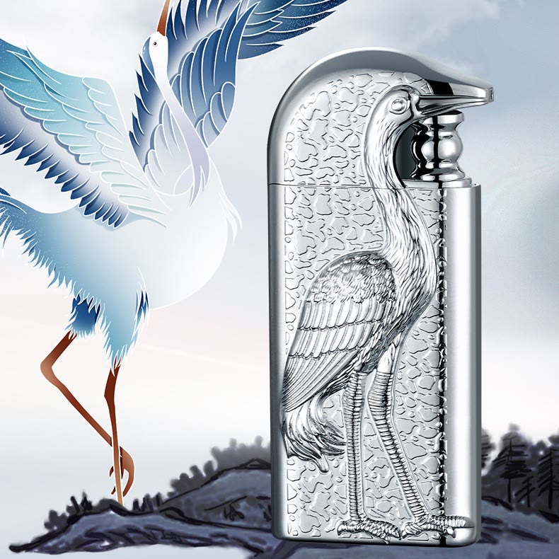 Double Flame Embossed Grus Japonensis Refillable Butane Lighter