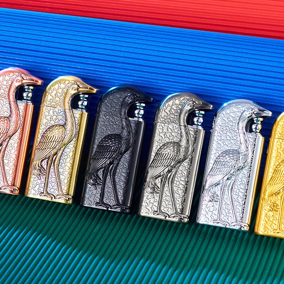 Double Flame Embossed Grus Japonensis Refillable Butane Lighter