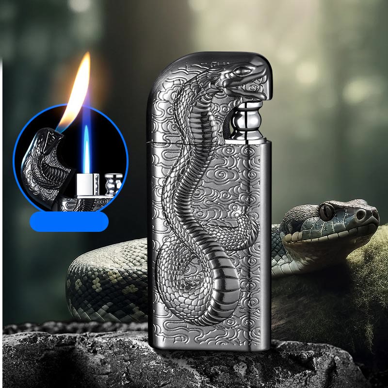 Double Flame Embossed Serpent King Refillable Butane Lighter