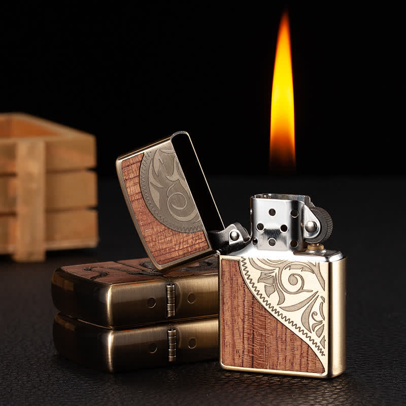 Retro Carved Pattern Wooden Shell Refillable Kerosene Lighter