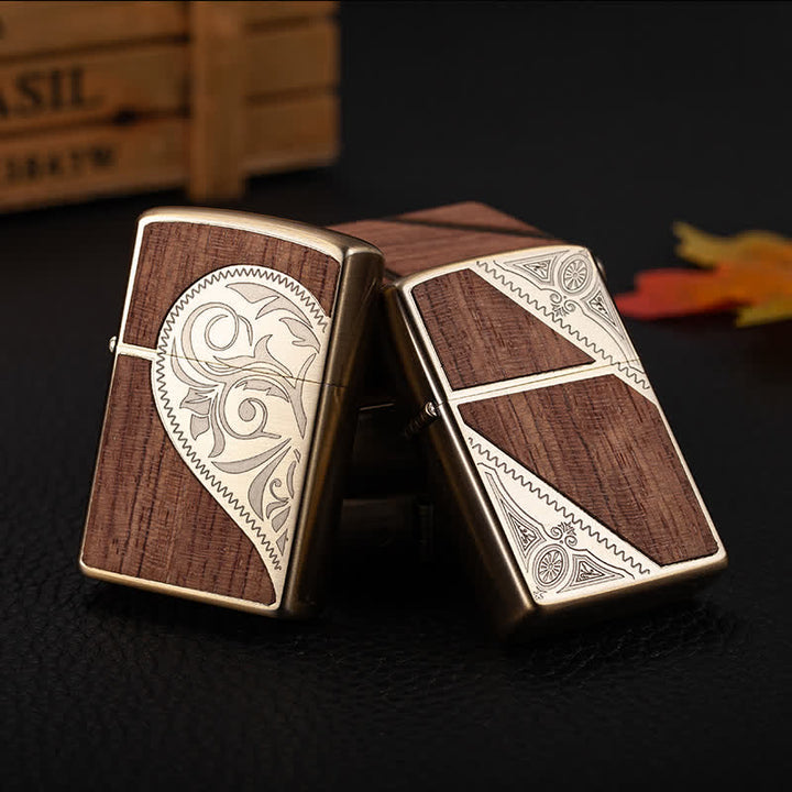 Retro Carved Pattern Wooden Shell Refillable Kerosene Lighter