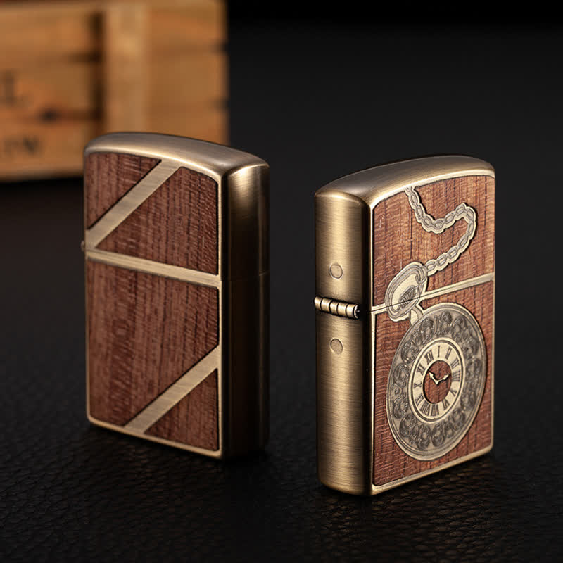 Retro Carved Pattern Wooden Shell Refillable Kerosene Lighter