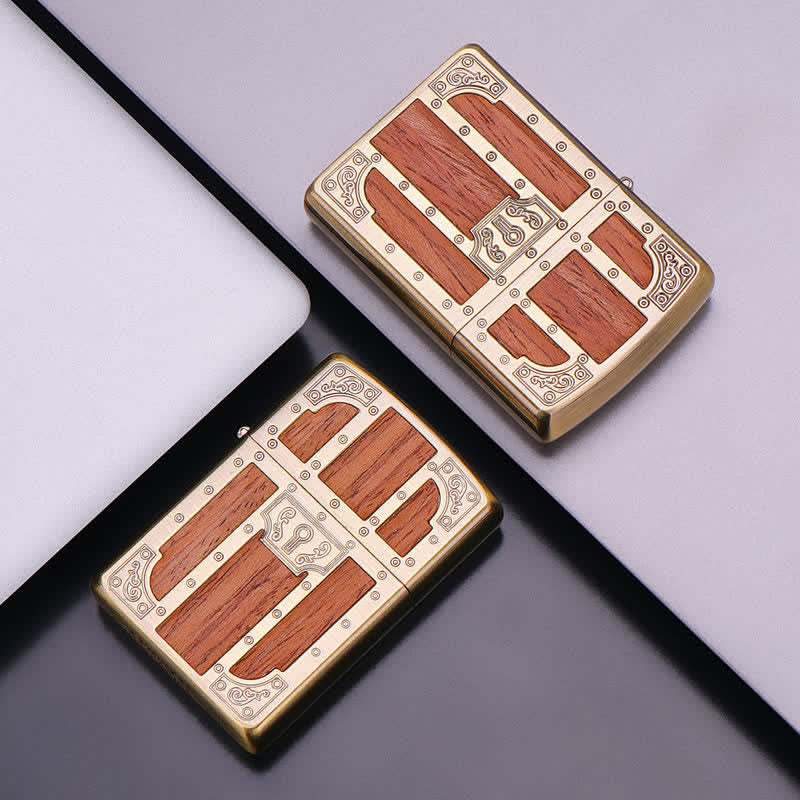 Brown Wood Ancient Door Brass Etching Refillable Kerosene Lighter