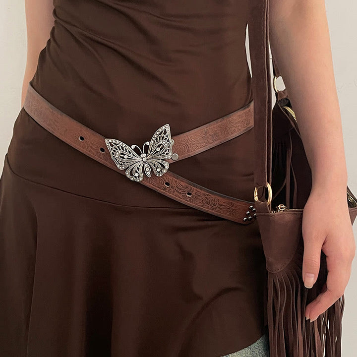 Women's Cowgirl Embossed Floral Butterfly Buckle Leather Belt