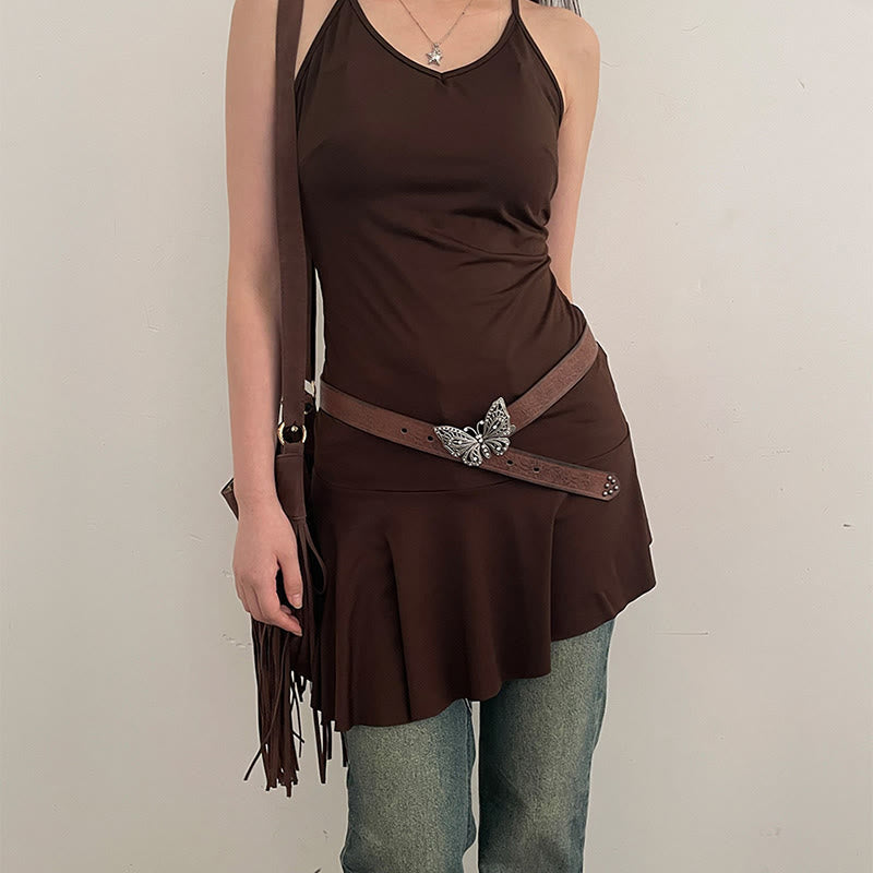 Women's Cowgirl Embossed Floral Butterfly Buckle Leather Belt