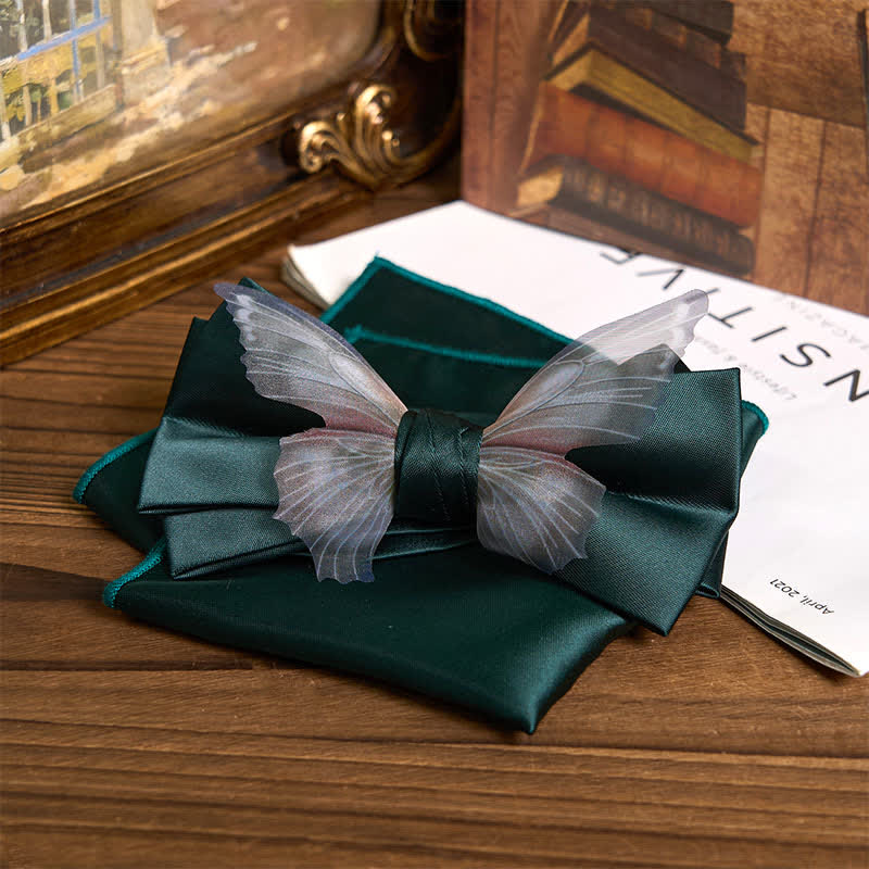 Men's Vintage Organza Butterfly Bow Tie Pocket Square Set