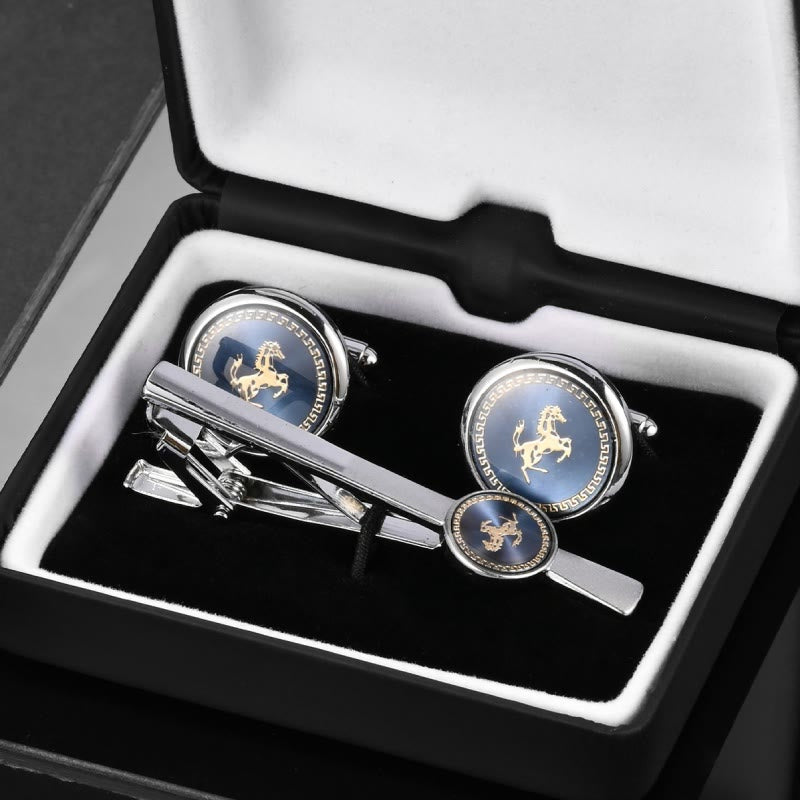 Running Horse Tie Bar Cufflinks Set For Wedding Suit