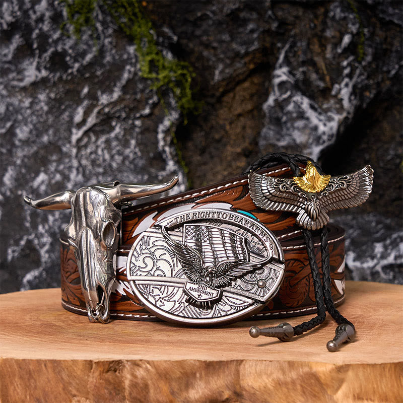 Eagle Flag DIY Hidden Knife Belt Buckle With Eagle Bolo Tie Bundle Set - Eagle Flag - Brown Feather Belt - 40 - image 0