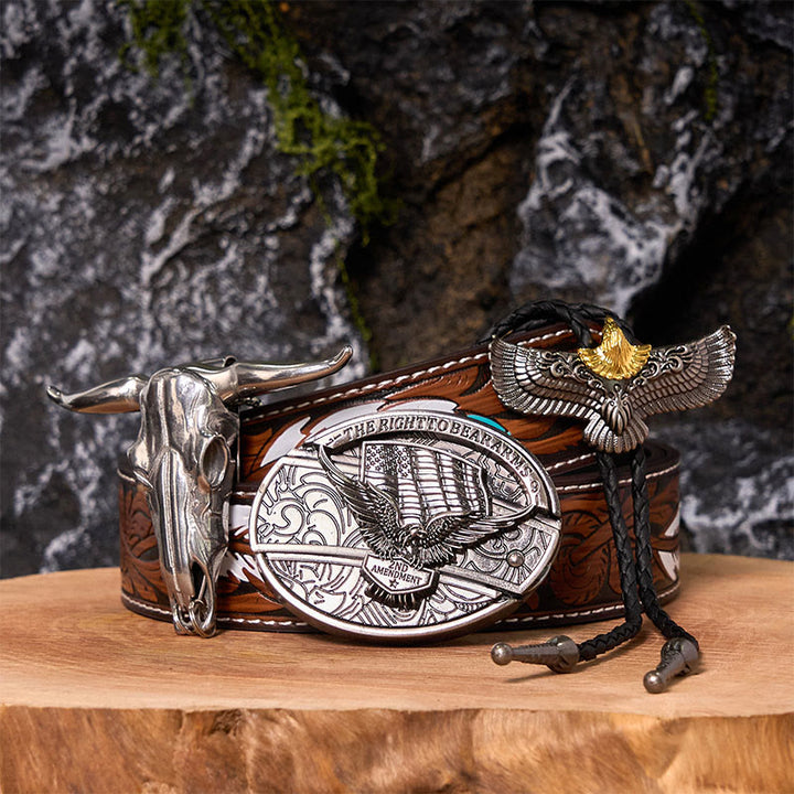 Eagle Flag DIY Hidden Knife Belt Buckle With Eagle Bolo Tie Bundle Set - Eagle Flag - Brown Feather Belt - 40 - image 0