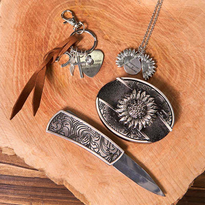 Western Sunflower DIY Hidden Knife Belt Buckle Necklace Keychain Bundle Set