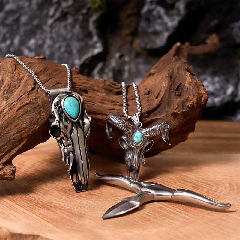 Longhorn Bull Pendant Turquoise Ram Horn Head Necklace Bundle Set - Blue - image 0