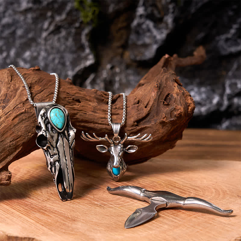 Longhorn Bull Pendant Turquoise Elk Head Necklace Bundle Set  - Blue - image 0
