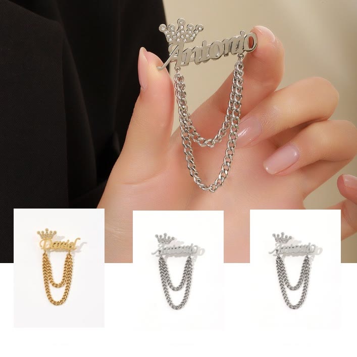 Custom Your Name Brooch With Crown Decor Suit Accessories