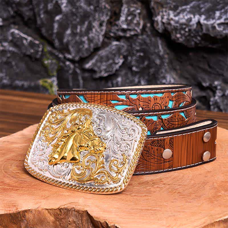 Gold & Silver Horse Head DIY Large Buckle Leather Belt - Horse Head - Turquoise Carved Belt - 42 - image 7