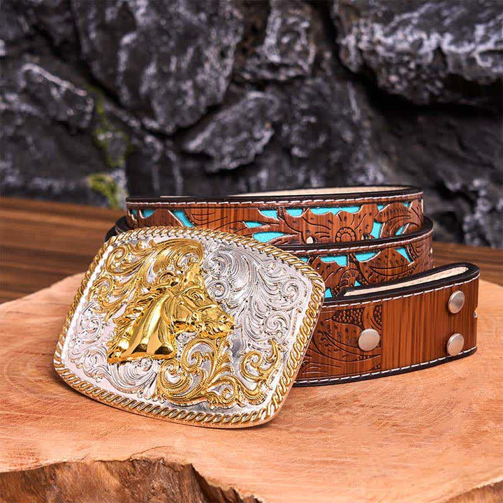 Gold & Silver Horse Head DIY Large Buckle Leather Belt - Horse Head - Turquoise Carved Belt - 42 - image 7