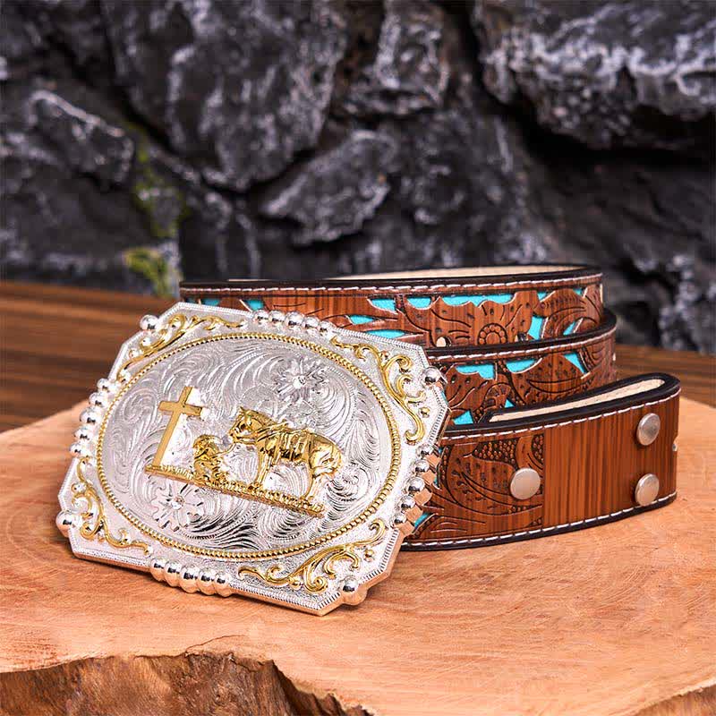 Silver & Gold DIY Cowboy Praying Cross Horse Large Buckle Leather Belt - Prayer - Turquoise Carved Belt - 42 - image 7