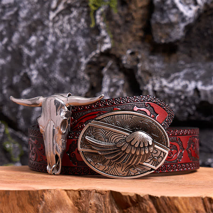 Angel Wing DIY Hidden Knife Belt Buckle Longhorn Bull Pendant Bundle Set - Wing - Brown Carved Belt - 42 - image 7