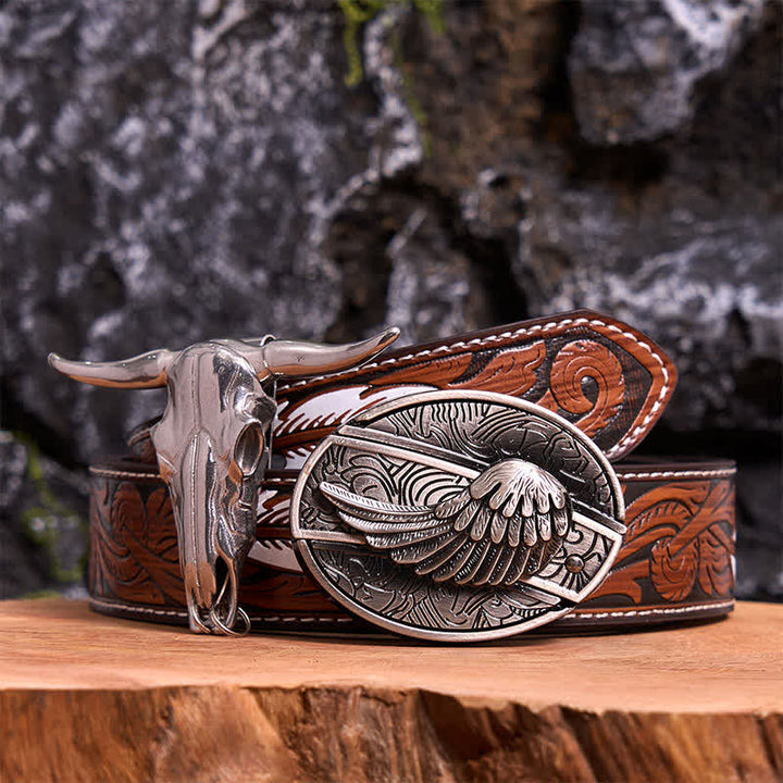 Angel Wing DIY Hidden Knife Belt Buckle Longhorn Bull Pendant Bundle Set - Wing - Brown Feather Belt - 40 - image 8