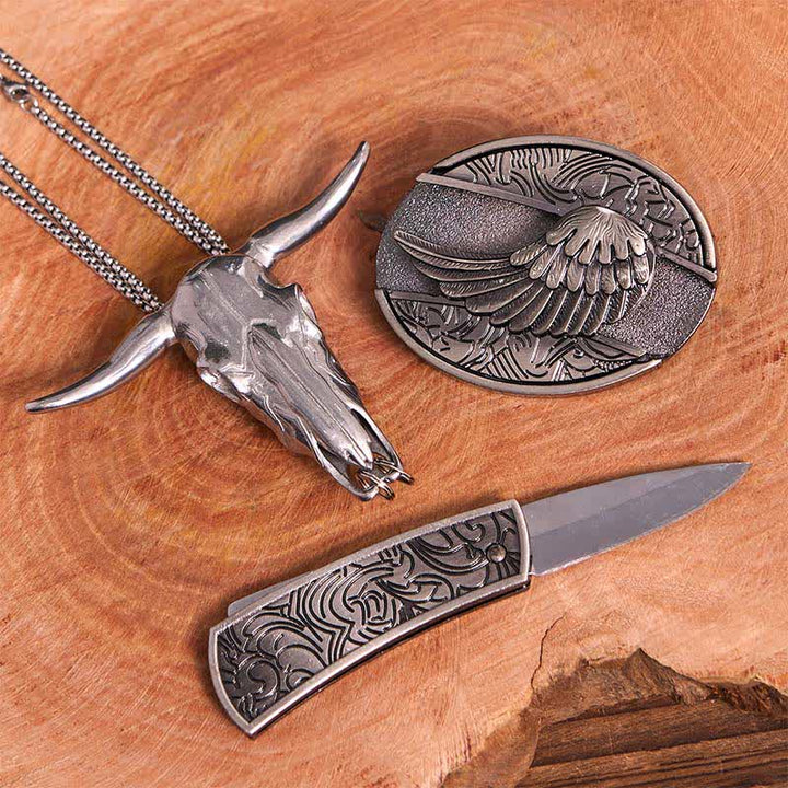 Angel Wing DIY Hidden Knife Belt Buckle Longhorn Bull Pendant Bundle Set - image 3
