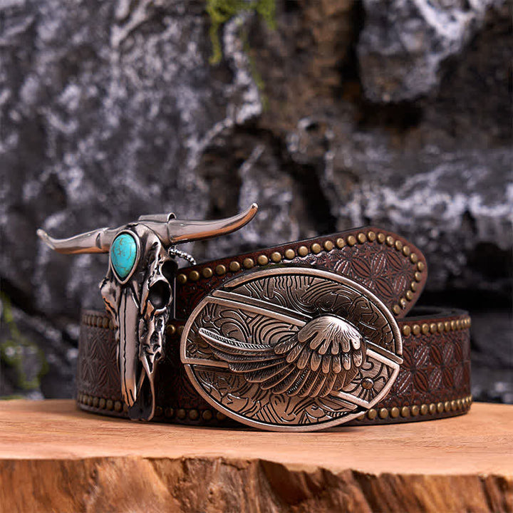 Angel Wing DIY Hidden Knife Belt Buckle Turquoise Longhorn Bull Pendant Bundle Set - Wing - Brown Rivet Belt - 42 - image 5